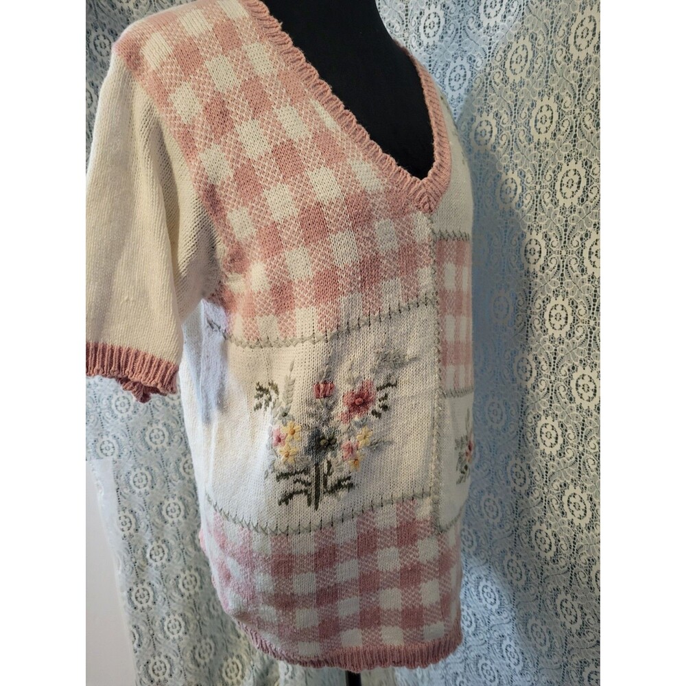 Vintage 90s Knit & Pearl Collectibles Patchwork Sweater Large Cotton Ramie Pink - Picture 9 of 16